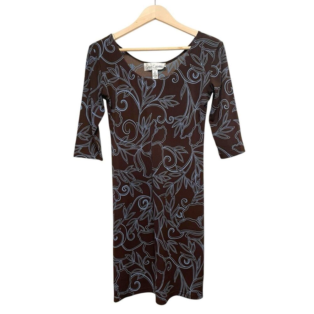 Vintage Sara Campbell Jersey Mini Sheath Dress Size XS Brown Floral Stretch